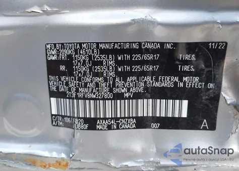 2022 Toyota Rav4 Le из США, поврежденный, VIN 2T3F1RFV8NW327800